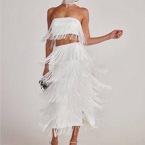 12th Tribe Gatsby White Fringe Strapless Top + Gatsby White Fringe Midi Skirt